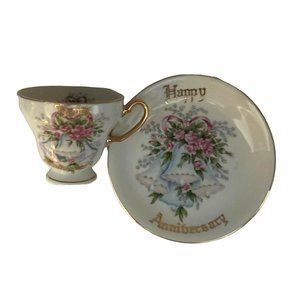 Vintage Norcrest China Happy Anniversary Tea Cup‎ and Saucer